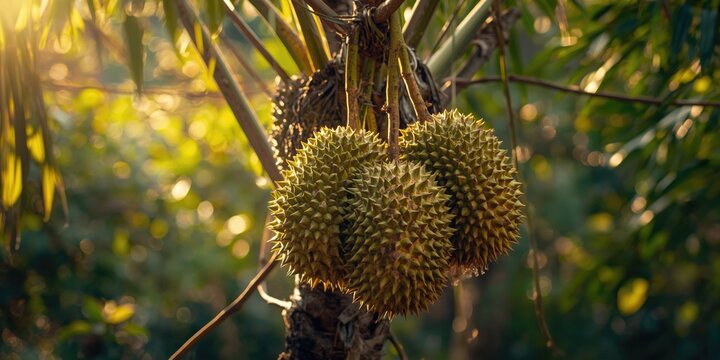 Fresh musang king durian fruits hanging on tree in tropical orchard setting