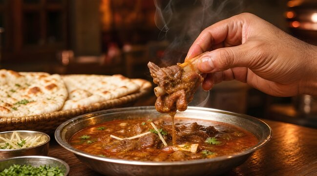 Traditional Pakistani nihari served with naan held in strong hand with aromatic steam rising