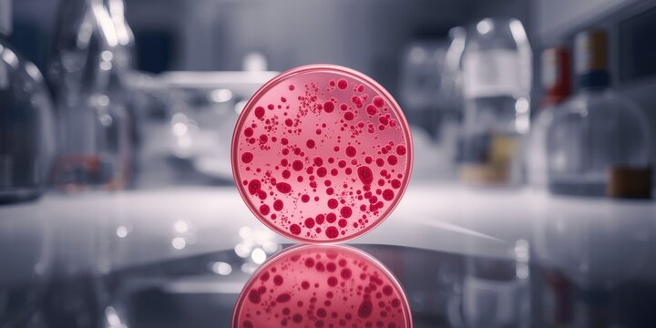 Close-up of MacConkey agar in petri dish for selective growth of Gram negative bacilli microbes