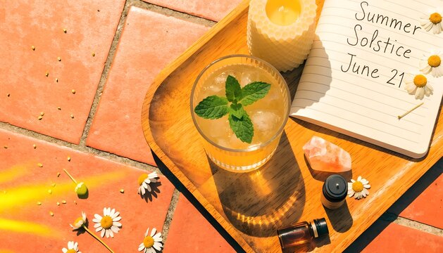 Summer Solstice Wellness Lifestyle Flat Lay with Lemonade Glass Journal Chamomile Flowers Essential Oils and Sunstone Crystal on Terracotta