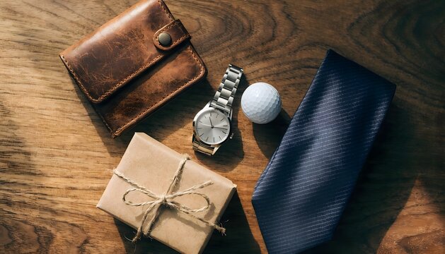Father's Day Flat Lay Gift Arrangement with Leather Wallet Watch Golf Ball and Wrapped Gift Box on Rustic Walnut Wood