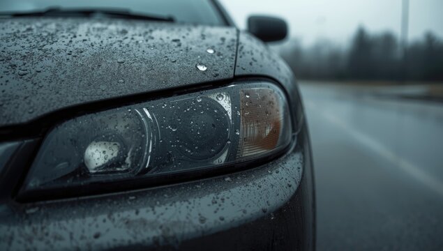 Dust and bug splattered headlight on a car exposed to rainy weather conditions