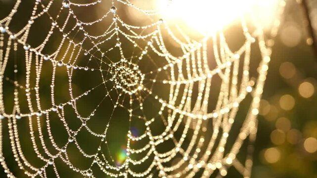 Dew Drops on Spider Web at Sunrise, Macro, Nature Photography