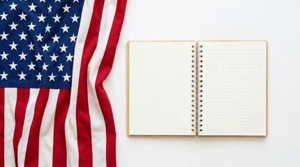 Obraz premium Patriotic American flag with blank spiral notebook on white background, USA flag and open notepad mockup, national holiday planning concept