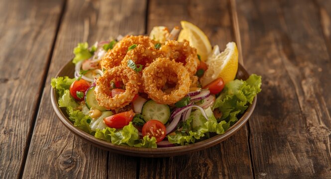Crispy fried calamari atop a fresh mixed vegetable salad with lemon wedges on rustic wood surface