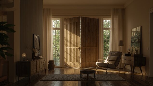 Contemporary living space with a wooden door, minimalist d&Atilde;&copy;cor, and natural light creating a warm ambiance