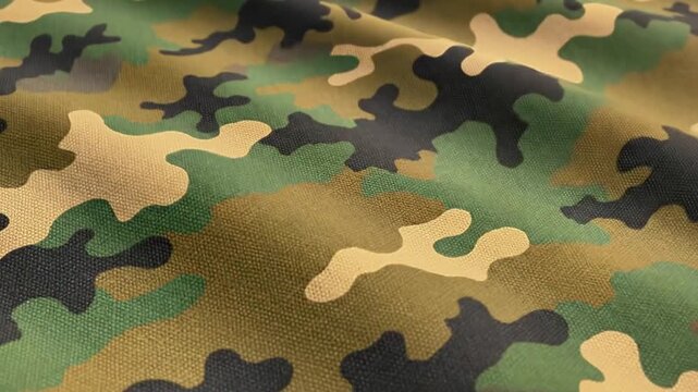 A close-up view of a fabric with a camouflage pattern in shades of green, brown, and black