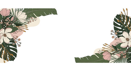 Tropical Floral Border - Exotic Flowers and Leaves, Elegant Design Element © yes
