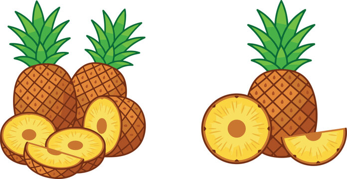 Fresh whole pineapple fruit vector collection featuring round slices and triangular cut pieces with green leaves isolated on white background for summer food menu design