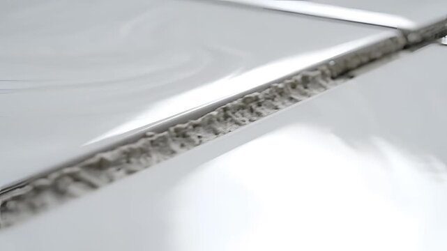 Closeup of two white tiles meeting at the grout line.