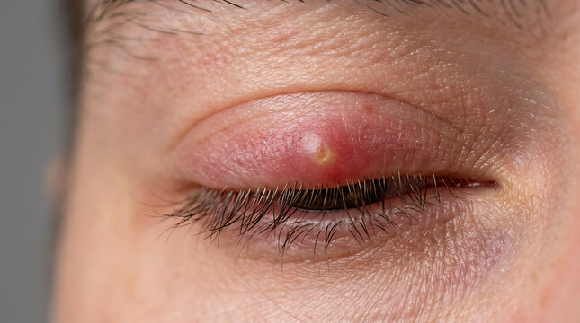 Detailed view of an inflamed human eye presenting a red, swollen bump on the upper eyelid, indicative of a stye