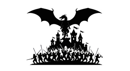 Dragon attacking medieval castle with army of knights in silhouette © roziah