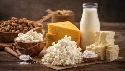 Fototapeta premium Dairy foods offering rich nutrients including cottage cheese milk and cheese with casein and lactose profiles