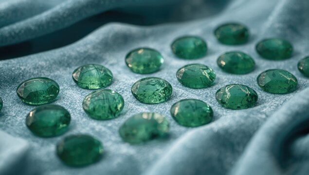 Detailed macro shot of green aventurine gems arranged over soft blue backdrop