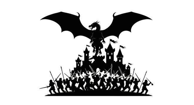 Dragon attacking medieval castle with army of knights in silhouette