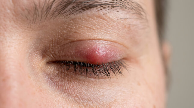 Close-up view of an irritated and painful stye on a person's upper eyelid, signaling an eye infection