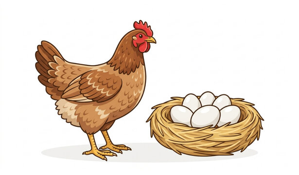 Brown hen with straw nest and eggs isolated on white background farm poultry vector illustration