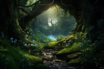Obraz premium Lush green forest showing ancient trees, moss, flowers, and a flowing stream with sun rays