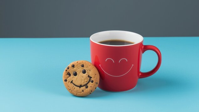 Creative greeting concept with bright red coffee cup and playful cookie smiles