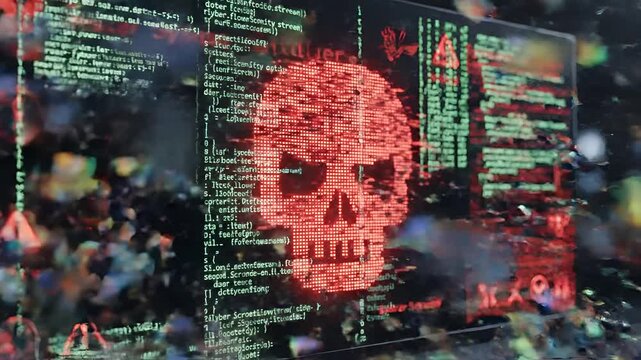 Cyber Attack Threat Digital Screen Displaying Code and Skull Symbol.