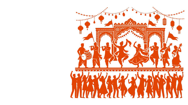 Vibrant Indian Wedding Procession and Cultural Dance Celebration Illustration.