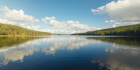 Naklejka premium Expansive reflections on a glassy lake amid verdant forest on a bright day