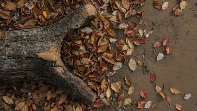 Fallen hollow wooden log surrounded by dry leaves