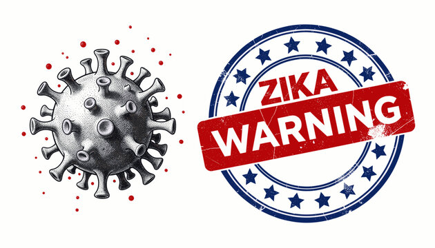 Zika Virus Warning Stamp and Microscopic Illustration