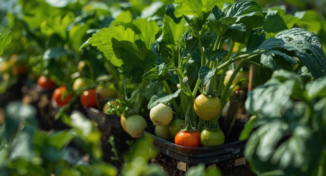 Fresh organic vegetables growing in a vibrant home garden