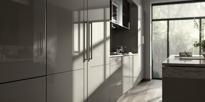 Elegant kitchen design including gray lacquer cupboards and metallic chrome fittings