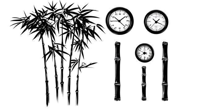 Black and white illustration featuring bamboo stalks and leaves alongside several clocks