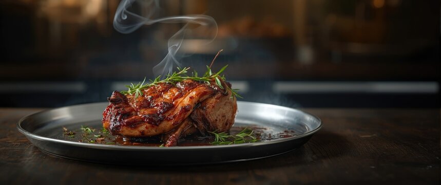 Close up food photography of pork roasting on a pan with rich smoky flavors