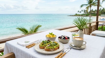 Obraz premium Enjoy a healthy breakfast with avocado toast and fresh fruit by the ocean