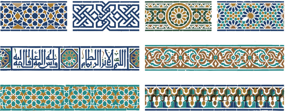 Traditional Islamic geometric border pattern set with colorful Moroccan arabesque mosaic tile ribbons vector