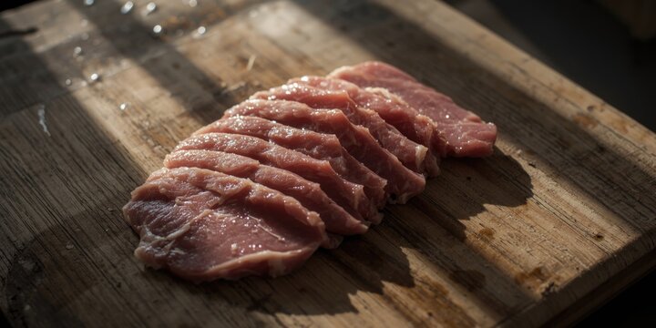 Fresh goat meat pieces arranged on a rustic wood cutting surface ready for braising and stewing