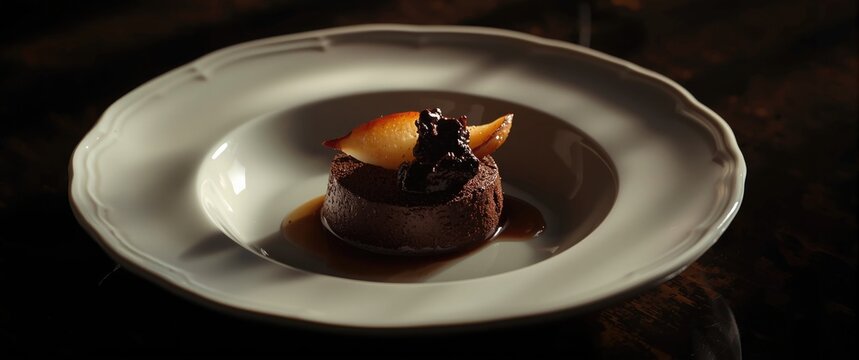Elegant white plate holding a chocolate dessert with caramelized apple and savory black pudding