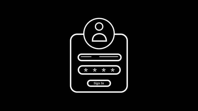 Minimalist log in page interface icon with user-name, password, and sign-in button, white line art on black background vector illustration.