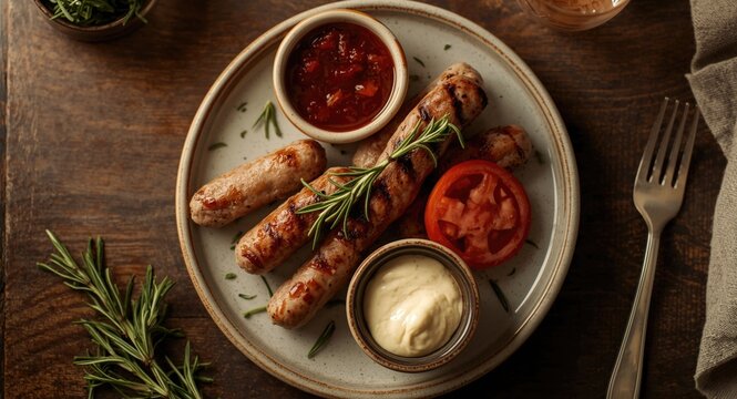 Grilled mini sausages with fresh rosemary and tomato served with sauce and mayonnaise overhead view