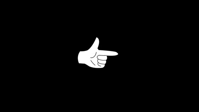 White cartoon hand pointing finger to the right, minimalist hand gesture icon isolated on black background vector illustration.