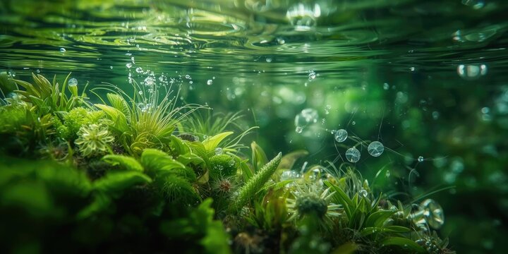 Fresh pond ecosystem microscopic image of algae and plankton with gentle focus