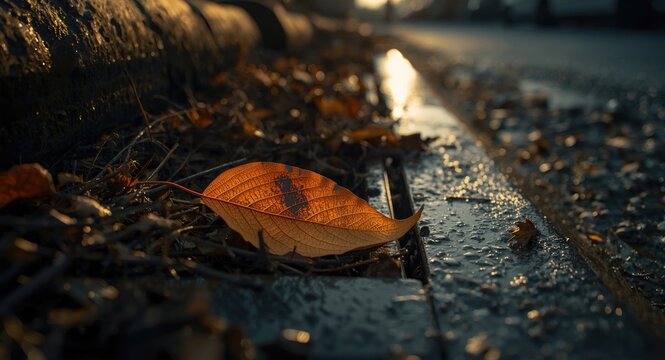 Close up of a fallen leaf near a clogged street drain with debris blocking rainwater flow copy space