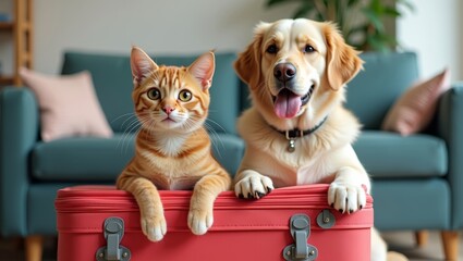 Orange tabby cat and golden retriever dog sitting on a pink suitcase in a cozy living room with green plants and soft furnishings in the background