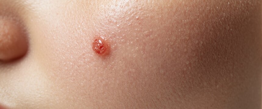 Dermatology focused close-up of textured red lesions and angioma on fair skin with beauty spots