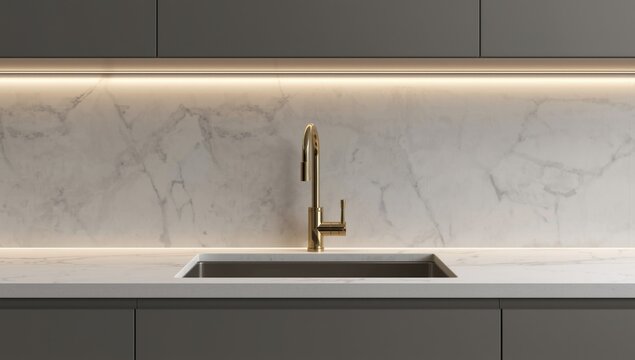 Close up of kitchen sink with gray cabinets sleek marble tile backsplash and gold faucet details