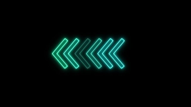 Cyan neon glowing chevron arrows pointing left, bright futuristic light indicator sequence on black background vector illustration.