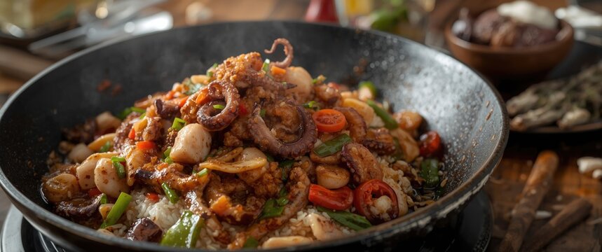 Flavorful stir-fried octopus and vegetables served on rice in a sizzling pan