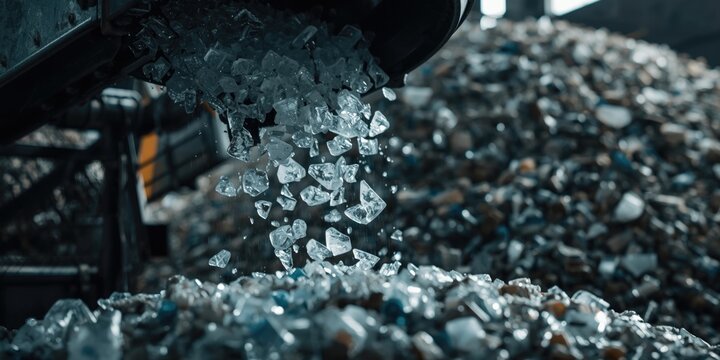Glass fragments dropping from conveyor onto eco friendly recycling heap