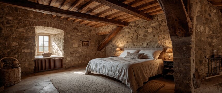Comfortable rustic bedroom featuring handcrafted wooden beams paired with stone walls