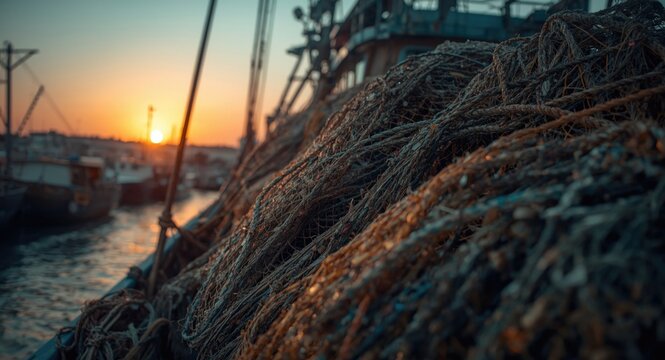 Fishing nets piled on a vessel docked by the harbor highlighting overfishing issues