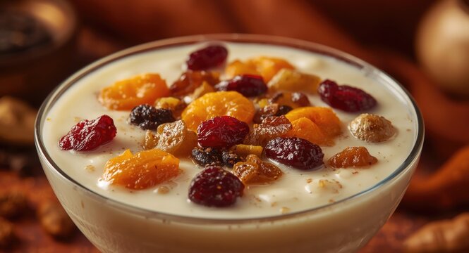 Delicious mixed fruit rabdi dessert with creamy condensed milk and dried fruit toppings